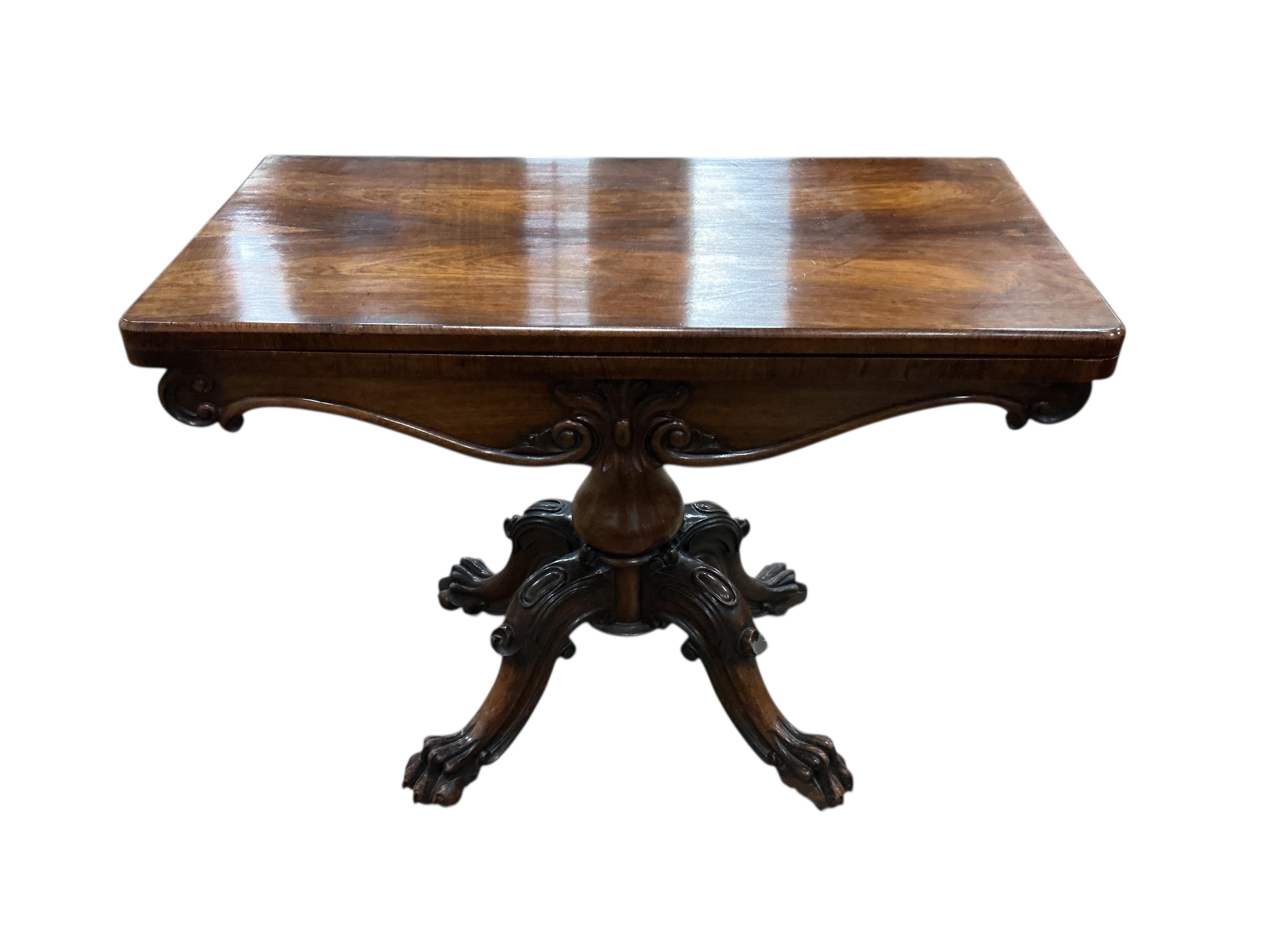 An early Victorian rectangular folding rosewood card table, width 91cm, depth 45cm, height 73cm